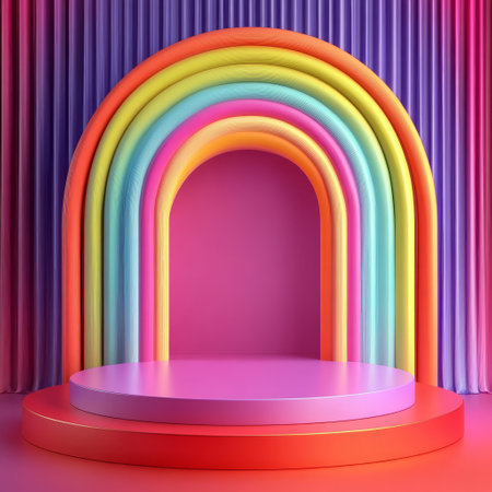 3d render, abstract background, empty podium for product presentation, minimal scene with rainbowの素材