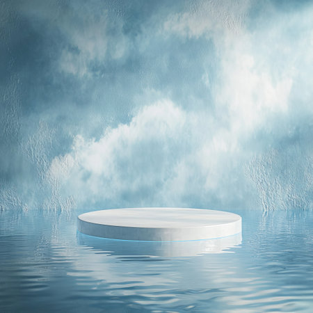 3D rendering of a white podium on a blue background with cloudsの素材