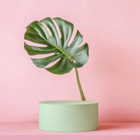 Tropical monstera leaf on pastel pink background. Minimal summer concept.の素材