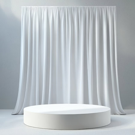 White podium and curtain. 3d render. Template mock up.の素材