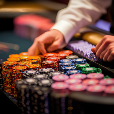Casino, gambling, entertainment and people concept - close up of man playing poker at casinoの素材