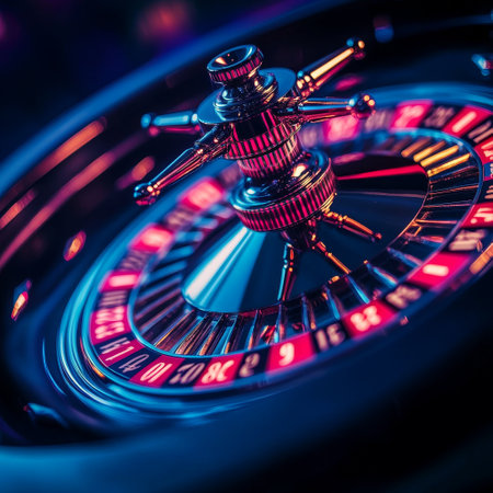 Casino roulette wheel with red and blue lights. 3d renderingの素材