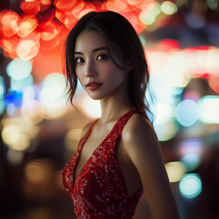 Portrait of beautiful asian woman in red dress with bokeh backgroundの素材