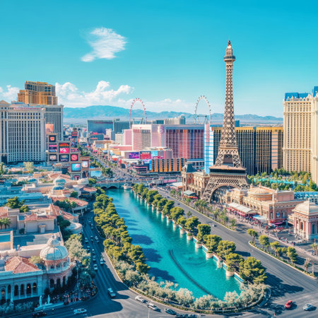 Las Vegas Strip, Nevada, USA. Panoramic view of the famous Eiffel Tower.の素材