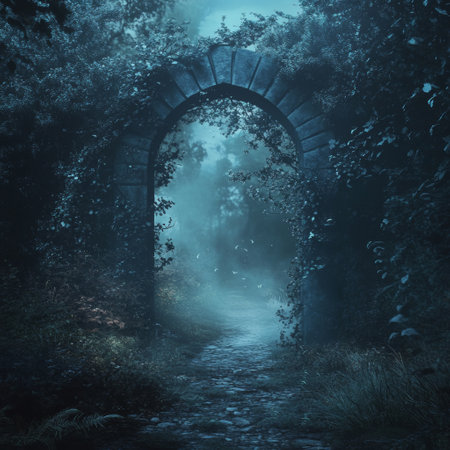 Mystical dark tunnel in a foggy forest. 3D Renderingの素材
