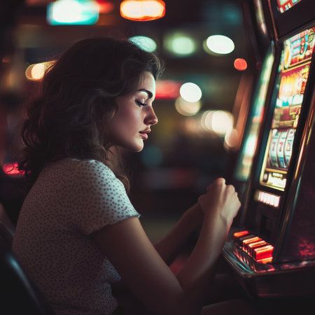 Portrait of young woman playing slot machine in casino. Close upの素材