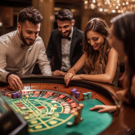 Group of young people playing roulette in casino. Selective focus.の素材