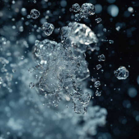 Water splash on a dark blue background with bokeh defocused lightsの素材