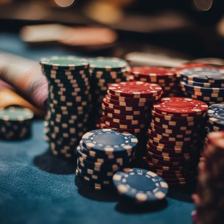 Poker chips on the table in casino. Selective focus.の素材