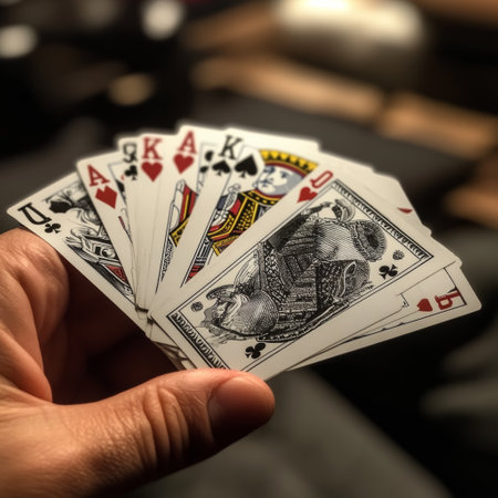 Playing cards in hand. Selective focus. Shallow depth of fieldの素材