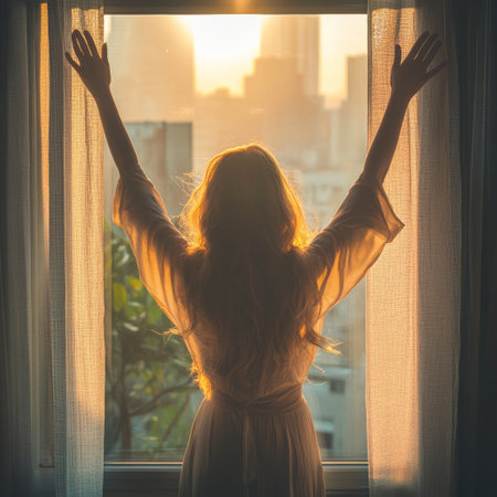 Silhouette of a beautiful woman standing by the window at sunsetの素材