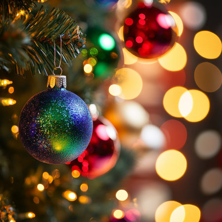 Christmas tree with colorful baubles and lights bokeh backgroundの素材