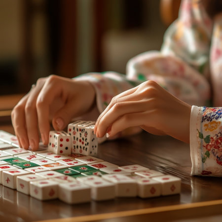 Young woman playing dominoes at home, close-up.の素材