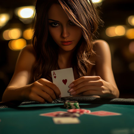 Beautiful young woman playing poker in a casino, close-upの素材