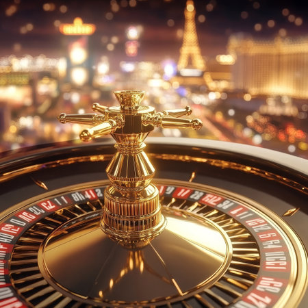 Casino roulette wheel with golden casino chips. 3d renderingの素材