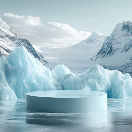 3d rendering of minimal scene with podium and icebergs in the backgroundの素材