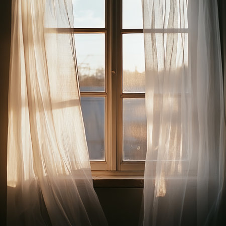 Window with white curtains in a room with a view of the cityの素材