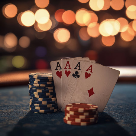 Playing cards and chips on a casino table with bokeh backgroundの素材