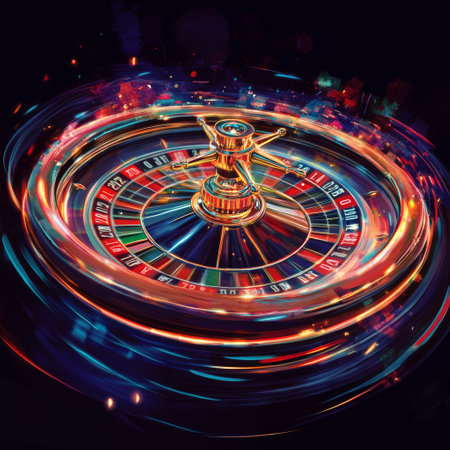 Casino roulette wheel in red and blue lights. Vector illustrationの素材