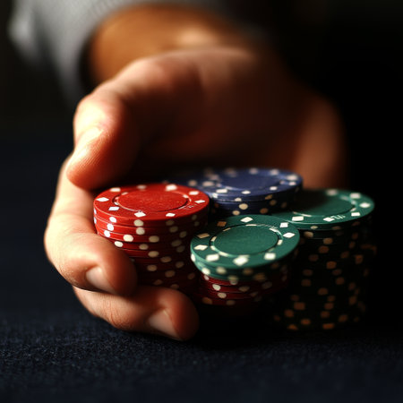 Poker chips in hand, close-up, on dark backgroundの素材