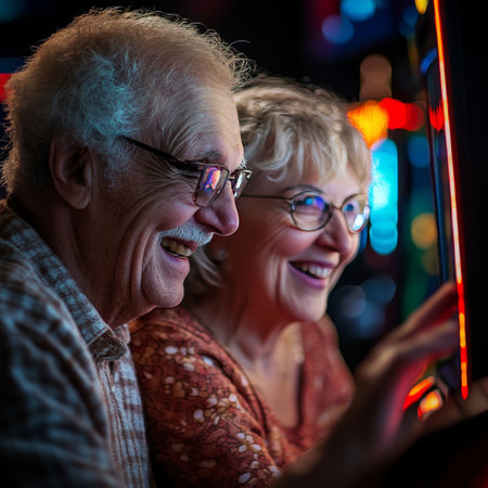 Portrait of happy senior couple playing slot machine at night club.の素材