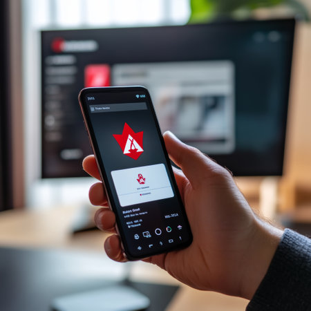 male hand holding a smartphone with red alert on the screen in officeの素材
