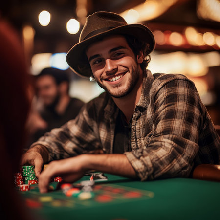 Handsome young man is playing roulette and smiling while sitting at the table in casinoの素材