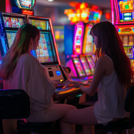 Two young women playing slot machines in a casino. Casino entertainment.の素材
