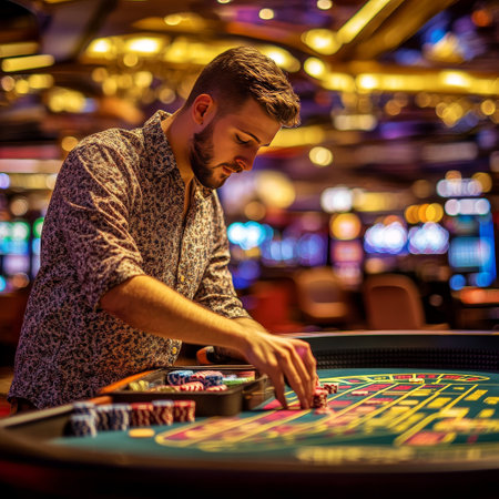 Young man playing roulette in casino. Gambling and casino concept.の素材