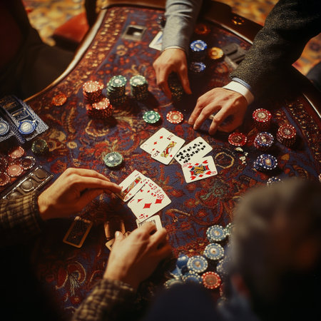 Group of people playing poker in a casino, close-up.の素材