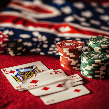 Poker chips and cards on a red tablecloth with the flag of the United States of Americaの素材