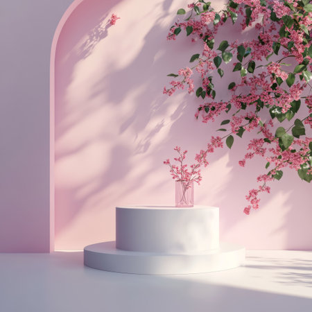 3d render of white podium with pink cherry blossoms on a pink backgroundの素材