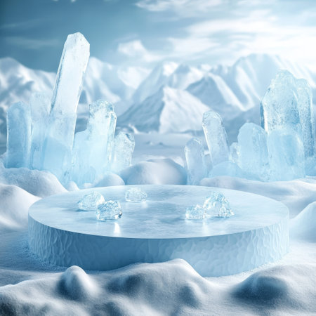 3d render of winter scene with ice cubes and snowdriftの素材