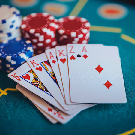 Casino theme: playing cards, chips and cards on green tableの素材