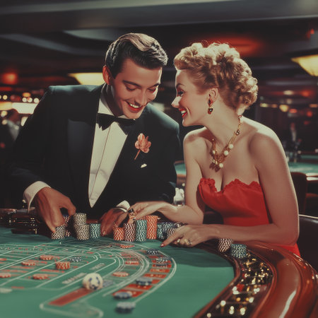 Young couple playing roulette in casino. Man and woman at the table.の素材