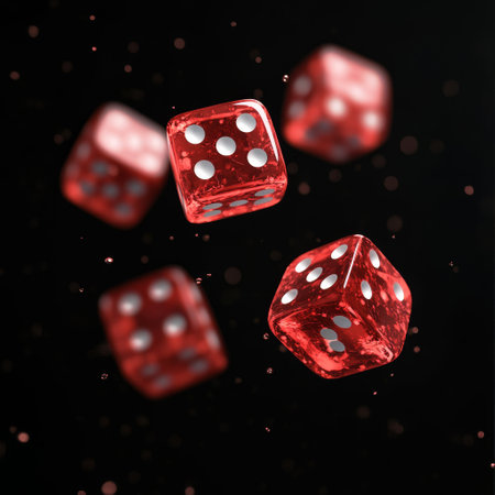 Flying red dice with bokeh effect on black background. 3D renderingの素材