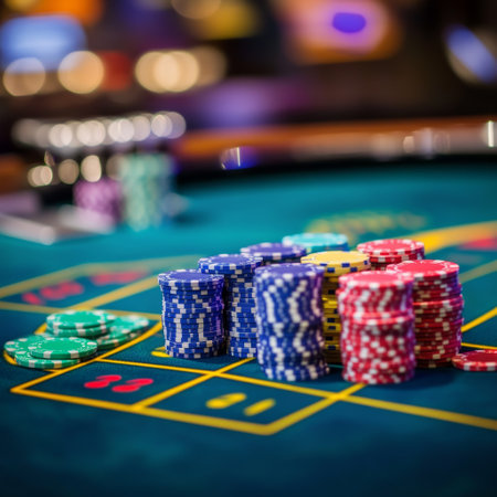 casino, gambling, entertainment and people concept - close up of casino chips on green tableの素材