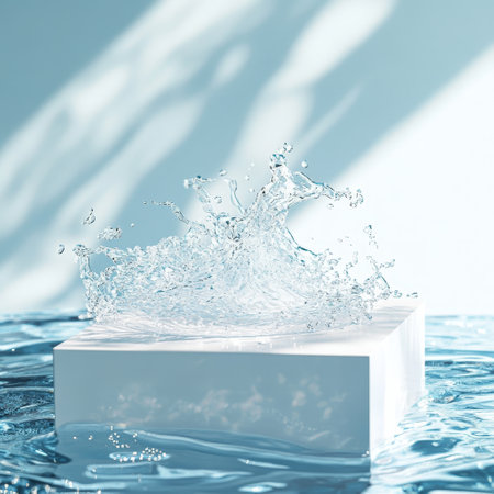 Water splash with cube on white background. 3d rendering, 3d illustration.の素材