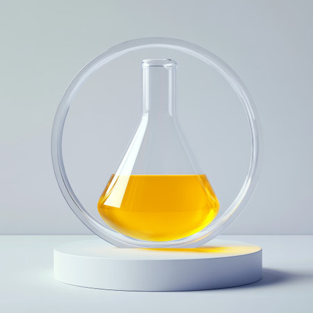 Laboratory glassware with yellow liquid. 3d render illustration.の素材