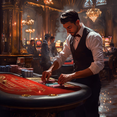 Handsome young man playing roulette in casino. Casino backgroundの素材