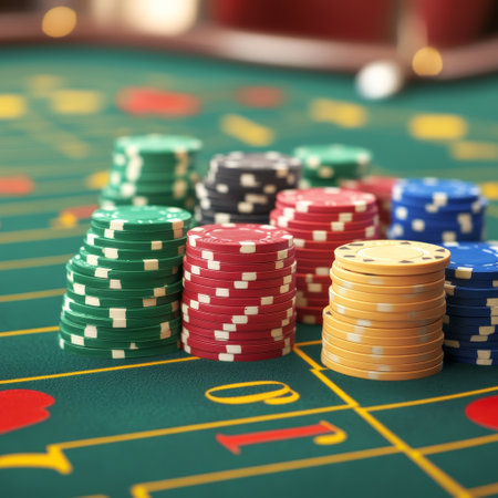 Casino gambling chips and cards on green table. Gambling conceptの素材