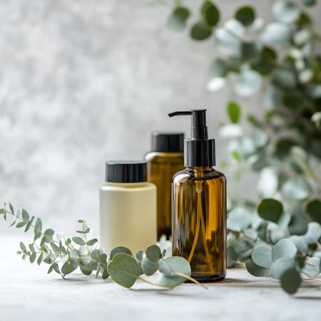 Eucalyptus essential oil in glass bottles with eucalyptus branch on white background.の素材