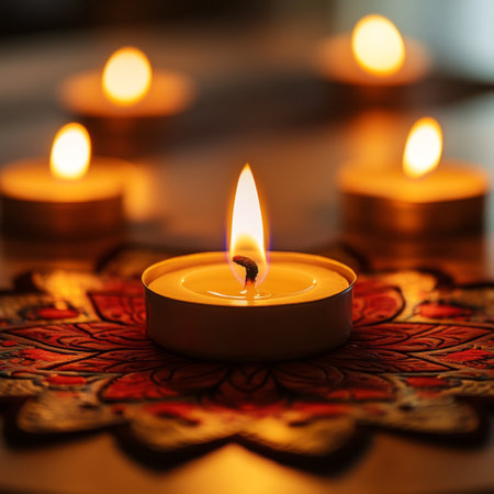 Burning candles on a dark background. Shallow depth of field.の素材