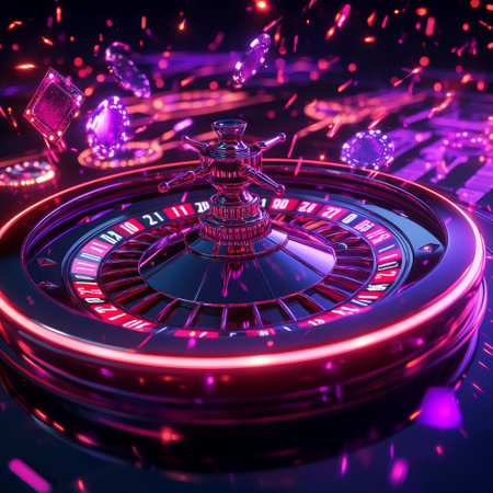 Casino roulette wheel with red neon lights. 3d renderingの素材