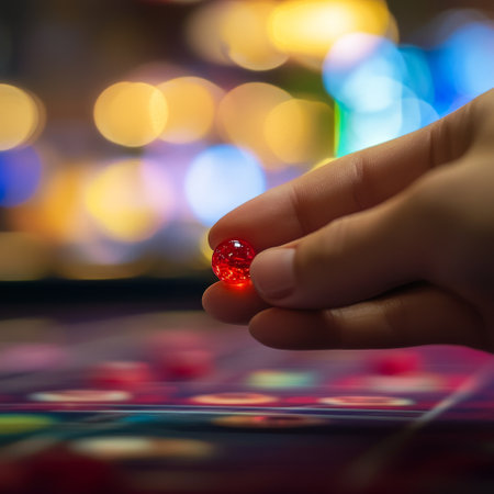 Close up of hand throwing a red stone in casino. Bokeh backgroundの素材