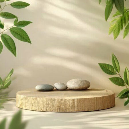 3d render of minimal product display podium with green leaves. Pedestal or platform for cosmetic product presentation.の素材