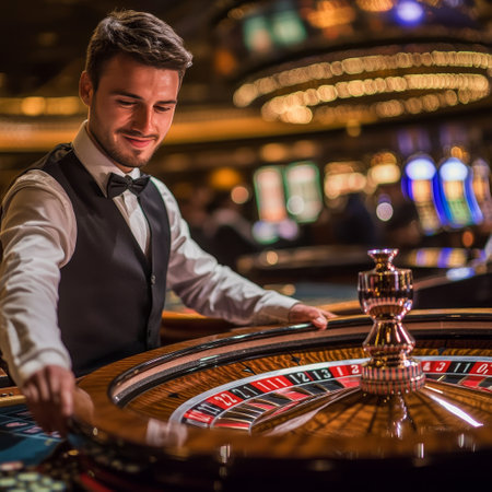 casino, gambling, entertainment and people concept - young man playing roulette in casinoの素材