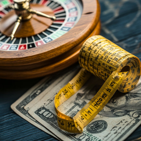 Roulette wheel, tape measure and money on dark wooden backgroundの素材
