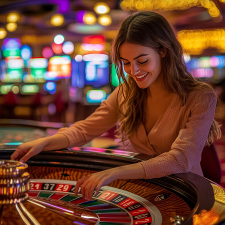 Young woman playing roulette in casino. Casino and entertainment concept.の素材