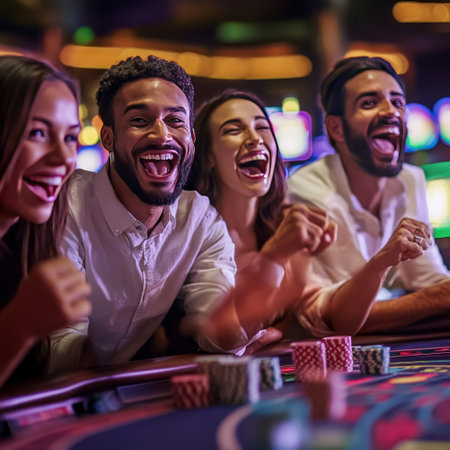 Group of young people are playing roulette and smiling while sitting in casinoの素材